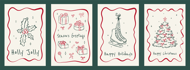 Set of whimsical Christmas vertical cards with hand drawn elements in ink sketch style. Flat vector illustration. Template for poster, invitation, cover, label.