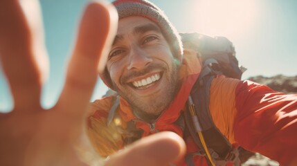 Fototapeta premium Explore adventure outdoor in National Park. A man wearing a red jacket and cap, with a backpack, smiling and waving his hand. The background is slightly blurred, emphasizing the man.