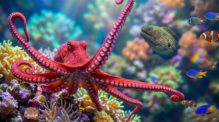 Vibrant Red Octopus and Moray Eel in Colorful Coral Reef