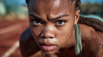 A determined female sprinter prepares to launch into action on the track, showcasing her concentration and intense focus, symbolizing strength and athleticism in sports.