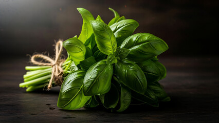 Fresh bundle of green basil leaves tied with string on dark wood