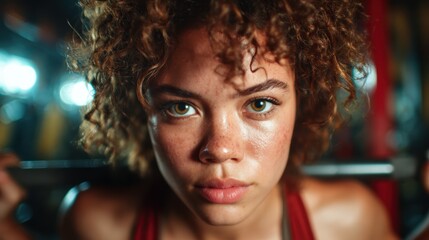 A determined woman lifts weights in a gym, her focused expression and powerful form embody physical strength and the drive to achieve fitness goals against bright lights.
