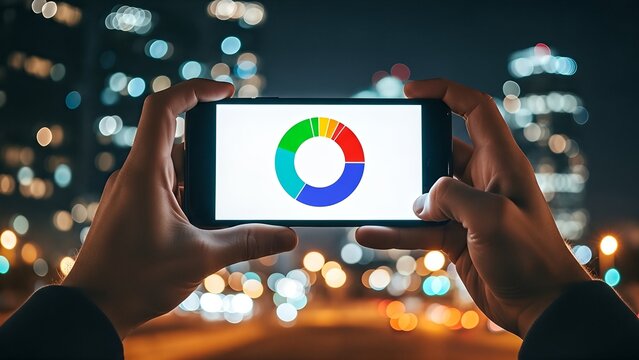 Hands hold a smartphone displaying a colorful pie chart against a blurred city night background. - Powered by Adobe