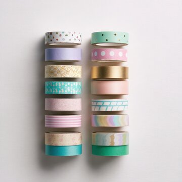 Close-up of decorative washi tape strips with playful patterns on a clean white surface