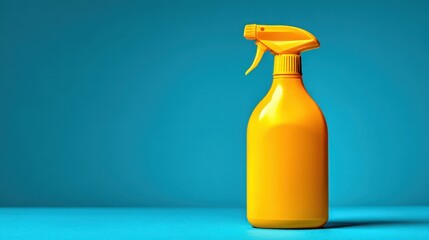 A bright yellow plastic spray bottle sits upright on a matching blue surface, ready to dispense cleaning solution or garden mist in the sunny summer day.