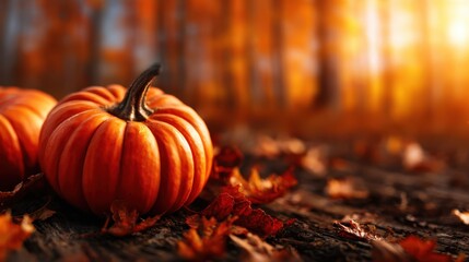 This captivating image features bright orange pumpkins resting on rustic wood amidst fallen leaves, perfectly embodying the essence of autumn's cheerful harvest season.