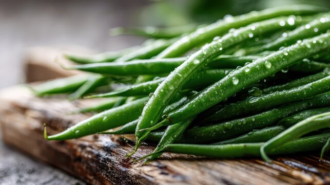 Close-up of fresh green string beans on a rustic wooden board with dew and natural light