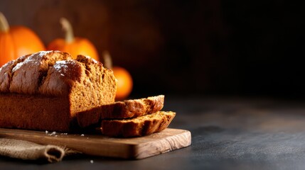 An inviting image of freshly baked pumpkin bread on a wooden board, with slices removed to reveal its moist texture, surrounded by warm autumn hues ideal for food enthusiasts.