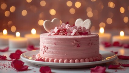 Charming pink cake decorated with hearts and petals, candles illuminating the background
