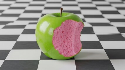 Green Apple with Pink Sponge Interior on Checkerboard Floor fruit food