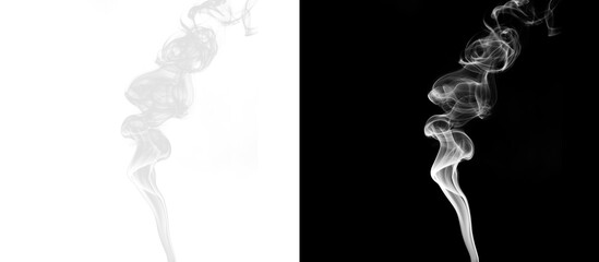 Split illustration with transparent PNG and black background showing a thin minimalist gray-white smoke column that disperses upward. © Oleksandr