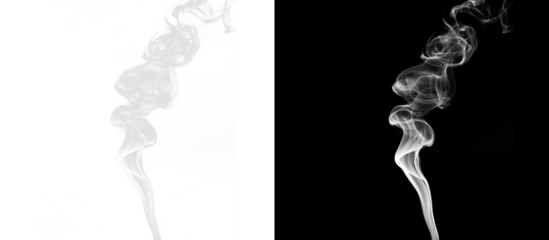 Split illustration with transparent PNG and black background showing a thin minimalist gray-white smoke column that disperses upward.