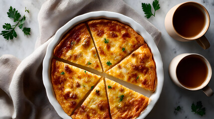 Top View of Sliced Homemade Cheese Pie with Coffee Cups on Marble Table
