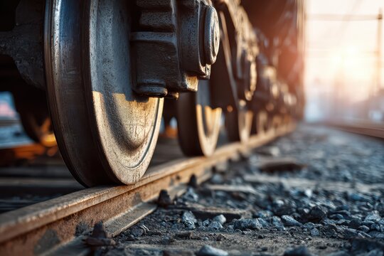 Close-up of steel train wheels on rails in an industrial setting