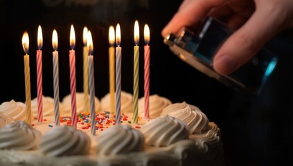 A hand lights the candles on a birthday cake with a lighter in a dark room