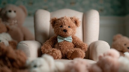 A fluffy teddy bear with a blue bowtie poses in a cozy armchair, surrounded by other plush friends, creating a warm and inviting atmosphere perfect for children&rsquo;s rooms.