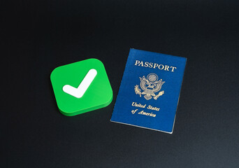 American USA passport and approval check mark. Permission to enter or exit. Permission for citizens to enter the country of arrival. Approval for obtaining a passport or citizenship.