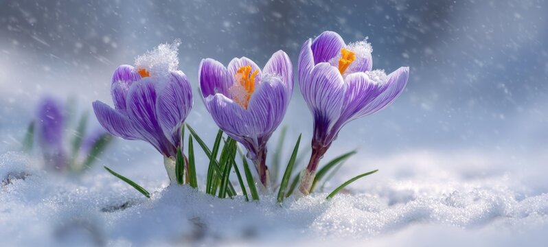 spring flower background - Close-up of blooming vibrant purple crocus flowers in snow