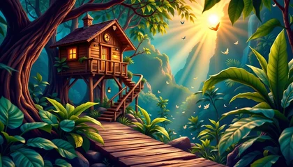 Sierkussen Meisjeskamer Whimsical Treehouse Amidst Dawnlit Tropical Foliage  © CRISPIFLY