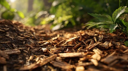 Close-up of wood chips and sawdust in a damp, earthy compost bed