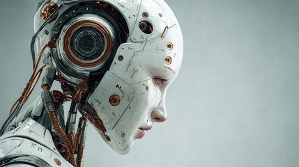 Fototapeta premium Futuristic robot head with intricate design and mechanical details showcasing advanced technology in a studio setting