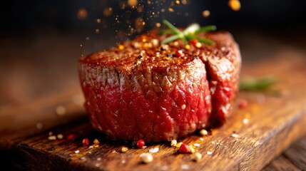 A perfectly seared steak on a wooden board, decorated with a sprinkle of spices, captures the essence of delicious culinary artistry and gourmet dining.