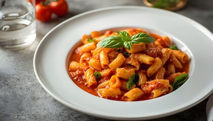 Fototapeta premium Plate of pasta with tomato sauce and basil