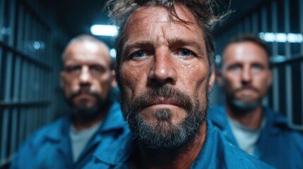 Three men stand in a stark prison corridor, their intense expressions revealing a narrative of resilience and determination amid the harsh environment they inhabit.
