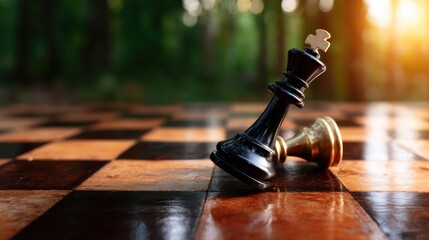 A fallen king piece symbolizes defeat in chess, artfully captured on a chessboard amidst a blurred background, representing strategy and intellectual challenge.