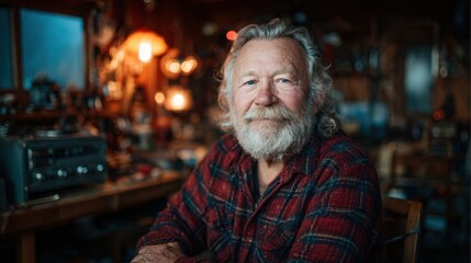 A warm portrait of a cheerful elderly man with a full beard, seated in a rustic workshop filled with tools and warm ambient light, showcasing craftsmanship and wisdom.