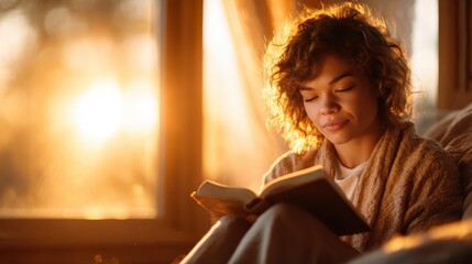 A young woman reads a book by the window, engulfed in warm sunlight, embracing calm and contemplation, representing the tranquility found in simple, peaceful moments of life.