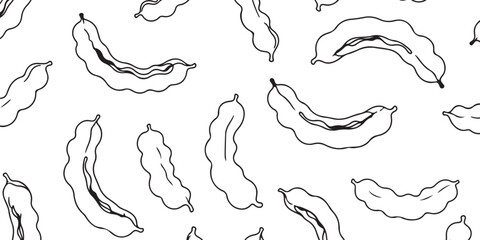 Seamless pattern of hand-drawn tamarind pods isolated on a white background