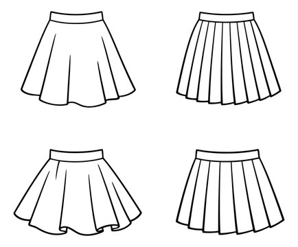 Hand drawn line art skirt set featuring flared and pleated skirts for fashion and clothing design