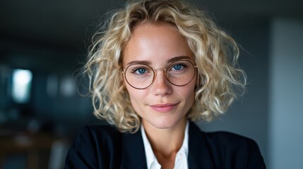 A confident young woman with curly, blonde hair and glasses poses with a subtle smile, exuding professionalism and charm against a softly blurred background.