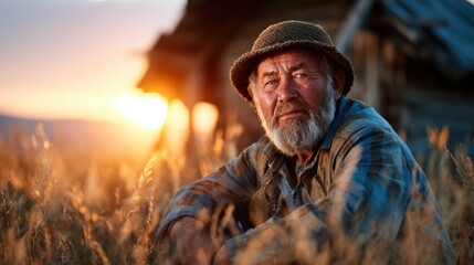 Obraz premium An aged man sitting contemplatively in a golden wheat field during sunset, embodying resilience and wisdom as he enjoys the beauty of nature in a serene moment.