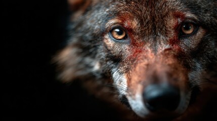 This striking close-up showcases the fierce expression of a wolf against a dark backdrop, highlighting its piercing eyes and detailed fur texture that convey strength and wildness.