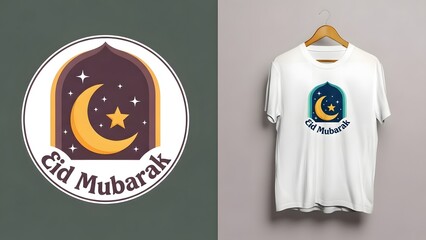 Eid mubarak festive logo with crescent moon and star on purple background with white circle and yellow border