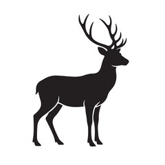 Obraz premium A black silhouette of a deer with large antlers stands against a white background