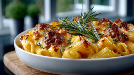 Baked Penne Pasta with Melted Cheese, Meatballs and Fresh Rosemary