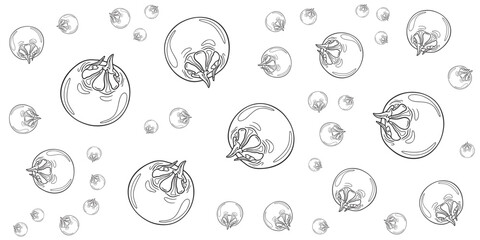 Hand-drawn abstract botanical pattern with berries and leaves, white background