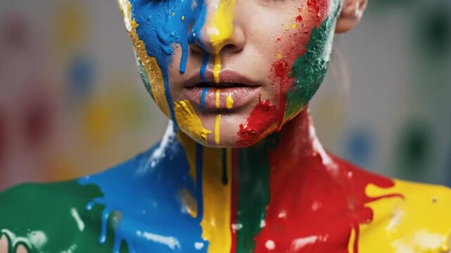 A captivating close-up captures a person's face and upper body artistically drenched in thick, vibrant liquid paint. Dynamic streams of brilliant blue, yellow, red, and green drip and flow, creating a