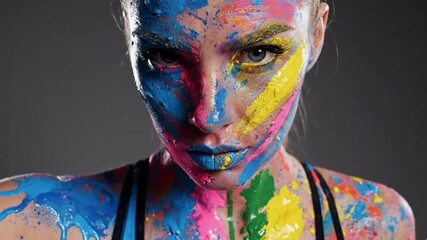 A captivating close-up portrait features a person with their face and upper body artistically covered in vibrant, thick splashes of paint. Hues of intense blue, bold pink, bright yellow, and hints of 