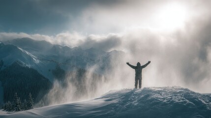 Explore adventure outdoor in National Park. A person standing atop a snowcovered mountain, their arms outstretched, against a backdrop of majestic snowcapped mountains and a sky filled with clouds.