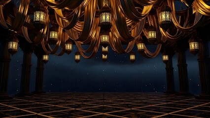 A luxurious interior with hanging lanterns and a starry night sky outside