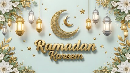 Ramadan kareem greeting with gold crescent moon and lanterns on light blue background