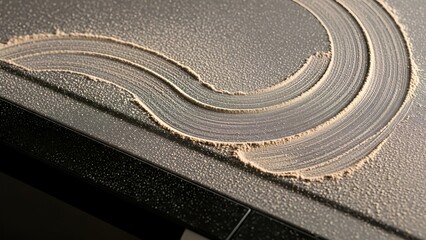 Abstract powder dust wave pattern on a dark speckled surface texture background macro shot