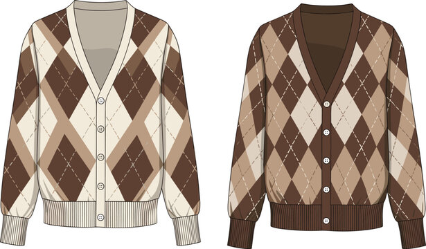 Argyle pattern cardigans vector illustration with classic diamond knit design, cozy fashion sweater style, beige brown cream tones for apparel content