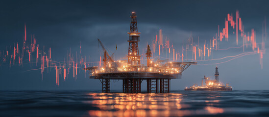 Offshore oil rig at sunset with financial graph overlay