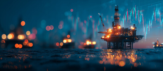 Offshore oil rig at sunset with financial graph overlay
