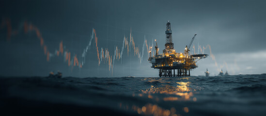 Offshore oil rig at sunset with financial graph overlay